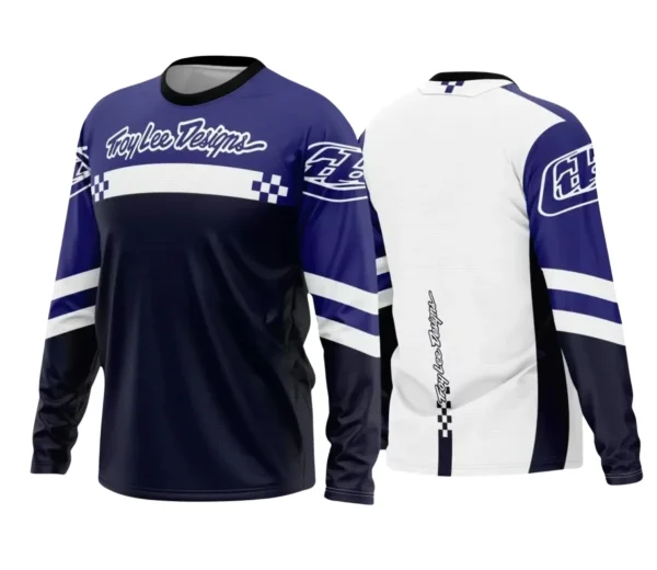 Camisa com logo no peito e estampa grande nas costas mostrando design radical para motocross e trilheiros, perfeita para quem busca estilo e atitude nas trilhas.